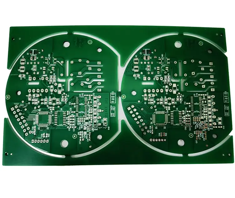 A green printed circuit board with circular cutouts and intricate copper traces, components, and numerous through-holes, designed for electronic applications.