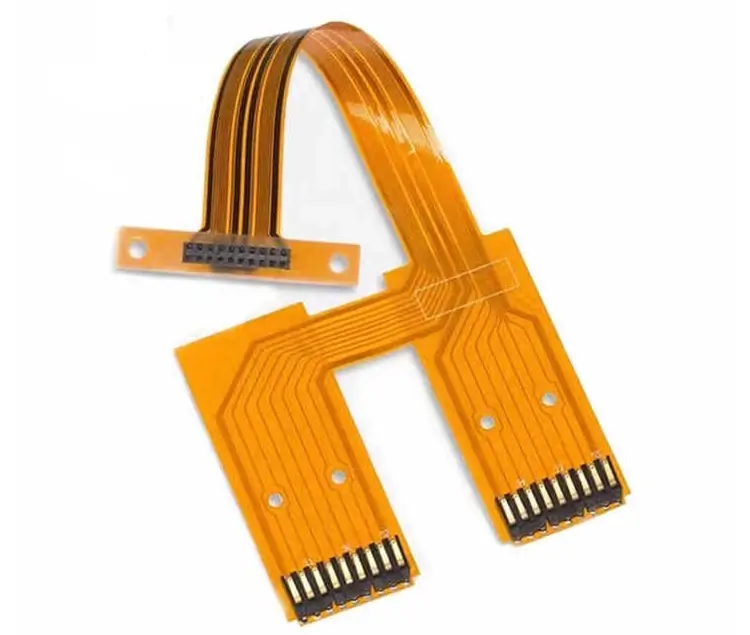 An orange flexible printed circuit board (PCB) with a complex pattern of lines and connectors, featuring a two-pronged split design with multiple connector pins at the ends, isolated on a white background.