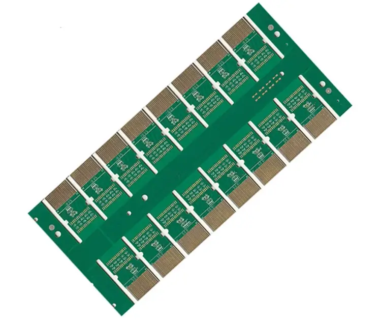 A green High Density Interconnector (HDI) printed circuit board (PCB) with multiple gold-colored lines and pads, indicating paths for electrical connectivity.