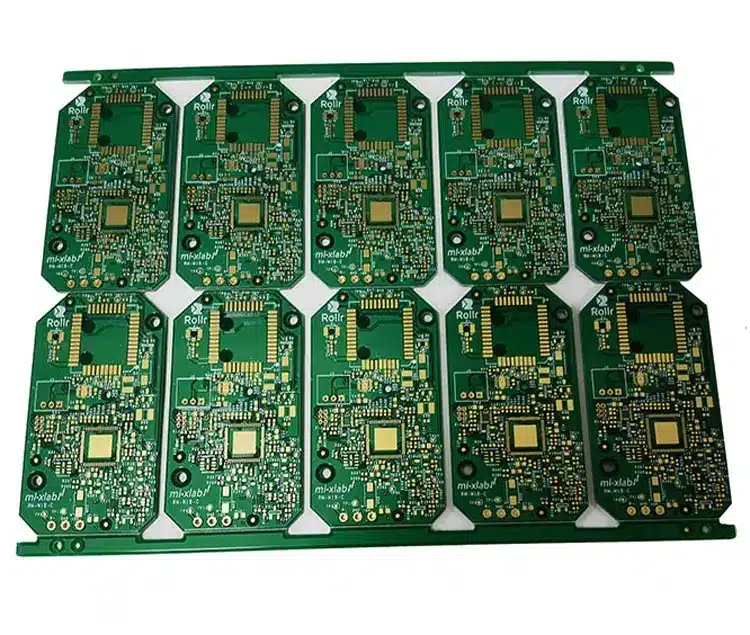 A panel of green multilayer printed circuit boards with complex circuits and gold-plated pads, ready for component soldering and assembly.