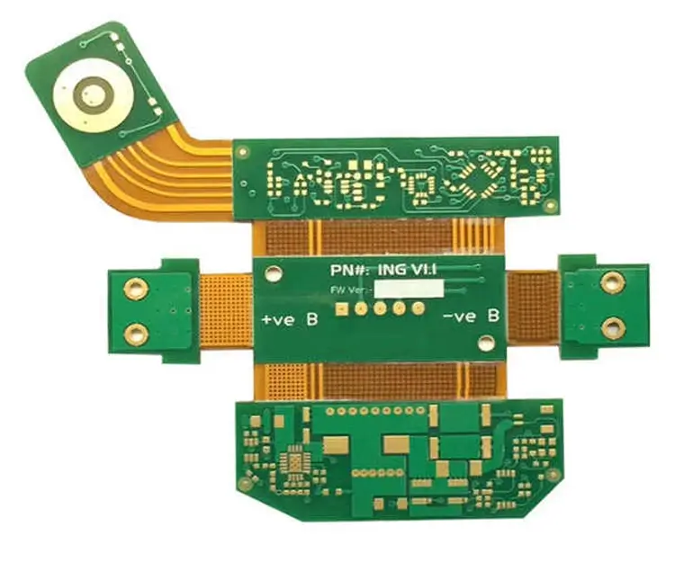 A rigid-flex printed circuit board (PCB) combining rigid and flexible board technologies with green rigid areas and gold flexible connectors, including printed labels for positive and negative terminals.